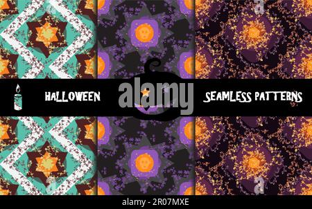 Grunge colorful halloween geometric seamless patterns with skull and spider. Vector Stock Vector