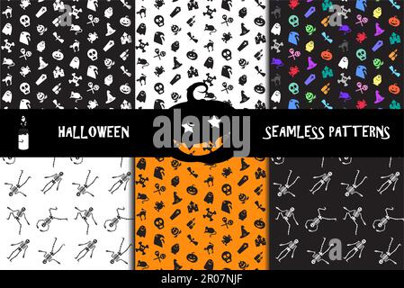 Halloween icons seamless patterns set from animals, skull, skeletons, bones and magic attributes  for web and stickers. Vector Stock Vector