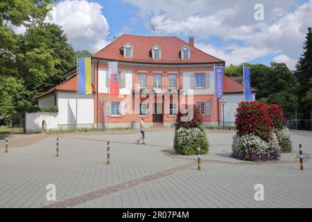 City hall with Ukrainian national flag, EU flag and city flag in the spa town of Bad Dürrheim, Baden-Württemberg, Germany Stock Photo