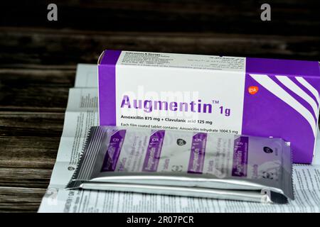 Cairo, Egypt, May 4 2023: Augmentin 1g tablets, amoxicillin and clavulanate potassium, clavulanic acid, Beta-lactamase inhibitors class, Amoxicillin i Stock Photo