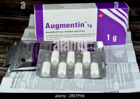 Cairo, Egypt, May 4 2023: Augmentin 1g tablets, amoxicillin and clavulanate potassium, clavulanic acid, Beta-lactamase inhibitors class, Amoxicillin i Stock Photo