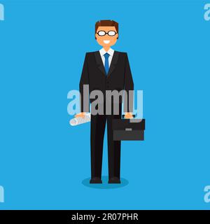 Successful businessman with a suitcase. Thinking list. Template or blank with business concept. Vector Stock Vector