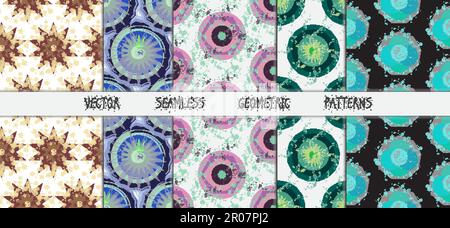 Grunge colorful geometric seamless patterns set. Vector Stock Vector