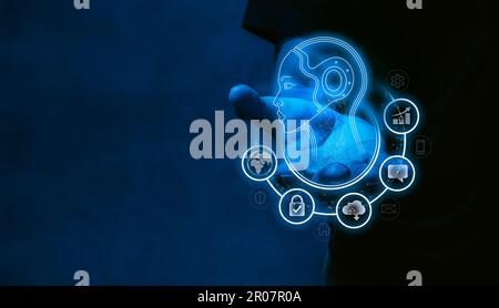 AI machine learning and business management concept. Futuristic hologram of artificial intelligence digital humanoid head and assistant service icons Stock Photo