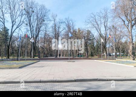 Chisinau, Moldova - March 9, 2023: Flags in the Stefan the Great Central Park. Stock Photo
