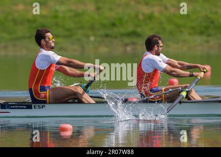 ZAGREB, CROATIA - MAY 07: Jaime Canalejo Pazos and  Javier Garcia Ordonezmuski  of Spain ompetes in the Men's Pair Final Aduring Day 3 of the 2023 World Rowing Cup on Lake Jarun on May 07, 2023 in Zagreb, Croatia. Photo: Luka Stanzl/PIXSELL Stock Photo