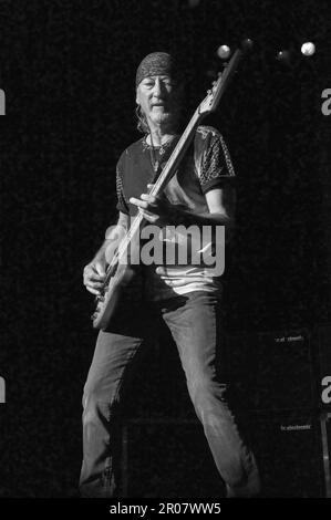 Costa Mesa, Calif., 6 August, 2014: Bassist Roger Glover performs with Deep Purple at the Pacific Amphitheatre in Southern California. Stock Photo