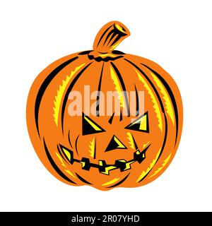 Retro woodcut style illustration of a Halloween jack-o-lantern or carved lantern made from pumpkin on isolated background done in full color. Stock Photo