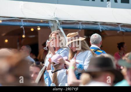 Bristol, UK. 07th May, 2023. 7th May 2023. Spectators enjoying the sunshine and champagne during the Cross Country Phase on Day 3 of the 2023 Badminton Horse Trials presented by MARS at Badminton House near Bristol, Gloucestershire, England, United Kingdom. Credit: Jonathan Clarke/Alamy Live News Stock Photo