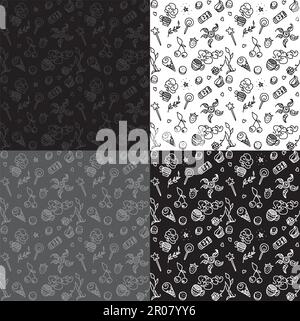 Vector black, white, grey seamless patterns with things from life Stock Vector