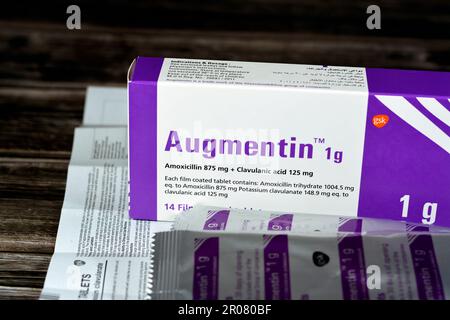 Cairo, Egypt, May 4 2023: Augmentin 1g tablets, amoxicillin and clavulanate potassium, clavulanic acid, Beta-lactamase inhibitors class, Amoxicillin i Stock Photo