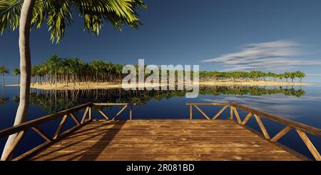 looking down on a tropical island with palm trees on a sunny day - 3D Illustration Stock Photo