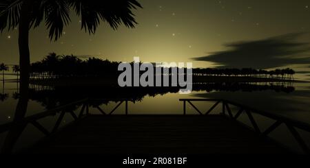 looking up at a tropical island with palm trees at night and under the stars - 3D Illustration Stock Photo