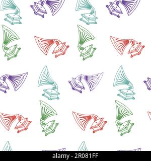 Vector seamless hand-drawn pattern with old gramophone in eps Stock Vector