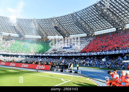 Naples, Italy. 07th May, 2023. Napoli supporters show a coreography with the italian flag colours during the Serie A football match between SSC Napoli and ACF Fiorentina at Diego Armando Maradona stadium in Naples (Italy), May 7th, 2023. Credit: Insidefoto di andrea staccioli/Alamy Live News Stock Photo