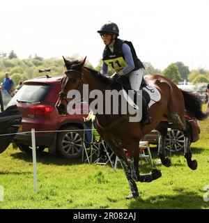 Badminton, UK. 07th May, 2023. Rosalind Canter riding Lordships Graffalo leads at the end of the Cross Country on Day three of the Badminton Horse Trials at Badminton, Gloucester, UK on 7 May 2023. Photo by Ken Sparks. Editorial use only, license required for commercial use. No use in betting, games or a single club/league/player publications. Credit: UK Sports Pics Ltd/Alamy Live News Stock Photo