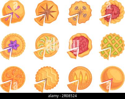Round fruit pie. Delicious top view tasty bakery desserts exact vector cartoon illustrations Stock Vector