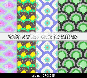 Grunge colorful geometric seamless patterns set. Vector Stock Vector