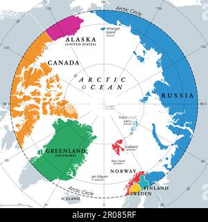 Countries within the Arctic Circle, political map. Countries within about 66 degrees north the Equator and North Pole. Stock Photo