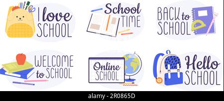 Back to school badges. Educational stickers, cool fashion cartoon logos. Cartoon backpack, stationery and books, racy student tools vector graphic Stock Vector