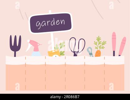 Planting and gardening background. Garden tools, seeds pack and bottle in pockets. Agriculture, farm or fresh market. Plants hobby vector concept Stock Vector