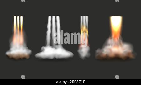 Rocket launch fire. Flame and smoke from space shuttle startup decent vector realistic illustration set Stock Vector