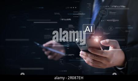 Businessman with smart Artificial Intelligence AI technology Stock Photo