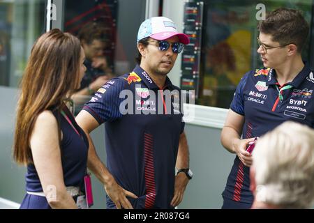 Miami Gardens, USA. 07th May, 2023. Mexican Formula One driver Sergio Pérez of Red Bull Racing speaks to guests of Oracle in the team hospitality area during the Formula One Grand Prix of Miami at the Miami International Autodrome in Miami Gardens, Florida on May 7, 2023. Photo by Greg Nash/UPI Credit: UPI/Alamy Live News Stock Photo