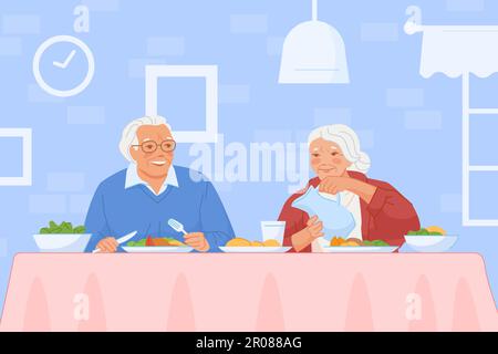 Elderly couple breakfast. Senior woman elder man eating health food at kitchen table, grandmother with grandfather eat dinner in dining, happy grandparent vector illustration of breakfast for couple Stock Vector