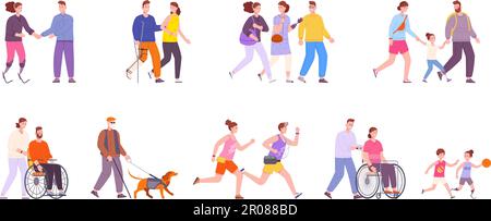 Disabled people partners. Disability person walking with young caretaker friends family, blind impaired character, man on crutches wheelchair, splendid vector illustration of socialization physical Stock Vector