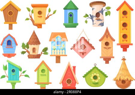 Handmade birdhouses. Crafted birdhouse with feeder on tree branch, cartoon wooden house for bird spring or autumn environment, homemade birds nest neat vector illustration of birdhouse collection Stock Vector