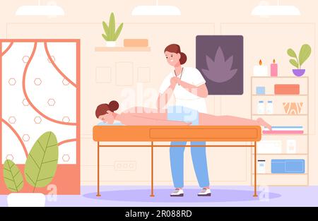 Masseur cabinet. Physio therapist doing relaxing thai massage woman on massaging table indoor spa office room, physical rest osteopathy manual therapy, vector illustration of therapist cabinet Stock Vector