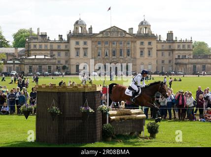 Great Britain's Bubby Upton rides Cola in front of Badminton House on day four of the Badminton Horse Trials 2023 at The Badminton Estate, Gloucestershire. Picture date: Sunday May 7, 2023. Stock Photo