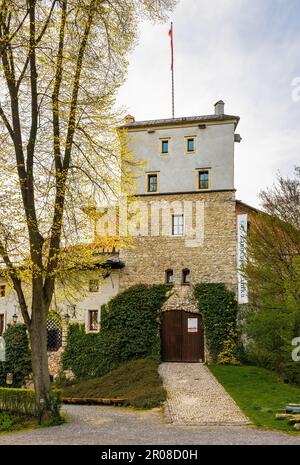 Korzkiew, Poland - May 1, 2023: Medieval Zamek w Korzkwi Romanesque Korzkiew Castle, part of Trail of the Eagles' Nests tourist route near Cracow in L Stock Photo