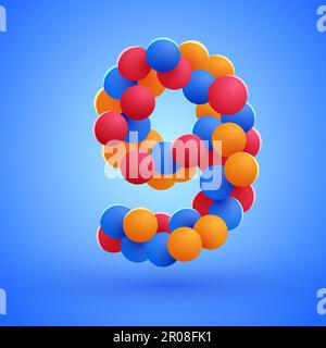 Number 9 made from multicolored festive balloons. Vector illustration Stock Vector