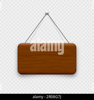 Wooden hanging signboard. Made of wood door sign for cafe, restaurant, bar or retail store. Announcement banner, information signage for business or Stock Vector