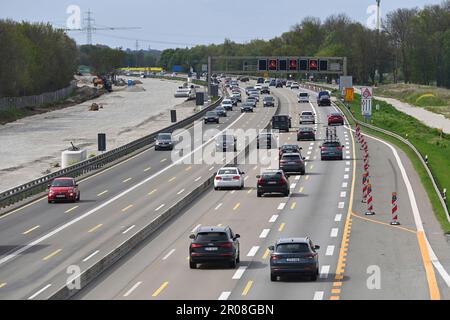 Extension of the A99 motorway near Aschheim in the district of Munich. Major construction site - 8-lane expansion of the A99, motorway junction Muenchen Ost. Construction site traffic on the A99 motorway near Munich, construction site, road construction. ? Stock Photo