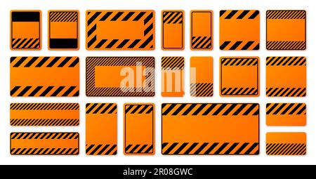 Various blank orange warning signs with diagonal lines. Attention, danger or caution sign, construction site signage. Realistic notice signboard Stock Vector