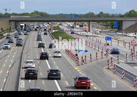 Extension of the A99 motorway near Aschheim in the district of Munich. Major construction site - 8 lane extension of the A99, motorway junction Muenchen Ost. Construction site traffic on the A99 motorway near Munich, construction site, road construction. ? Stock Photo