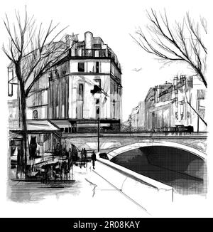 Original ink drawing of Pont Neuf in Paris- vector illustration (Ideal for printing, poster or wallpaper, house decoration) Stock Vector