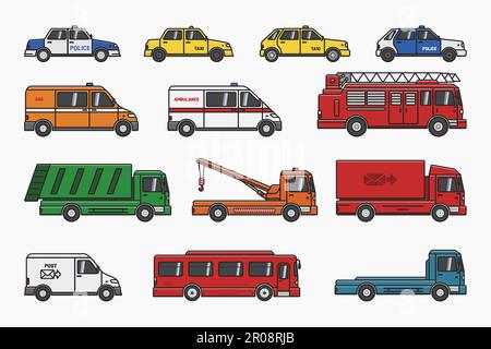 city servise car truck bus police taxi set vector flat illustration Stock Vector