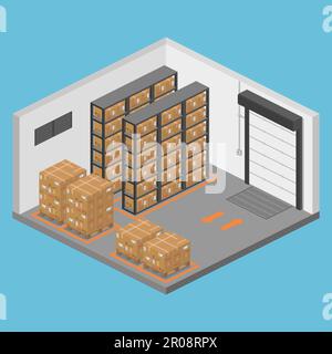 isometric storage room warehouse with parcels on pallet vector flat illustration Stock Vector