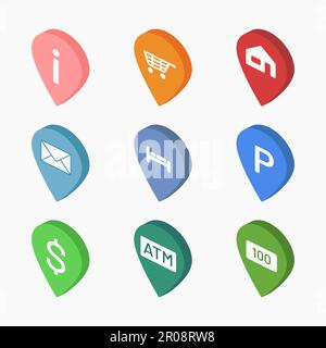 isometric icon pin set hotel, parking, atm, post vector flat illustration Stock Vector