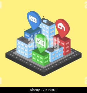 city center downtown isometric post office map vector flat illustration ...