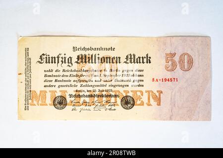 Banknote worth 50 million marks originating from Germany from the time of hyperinflation in the 20s of the last century Stock Photo