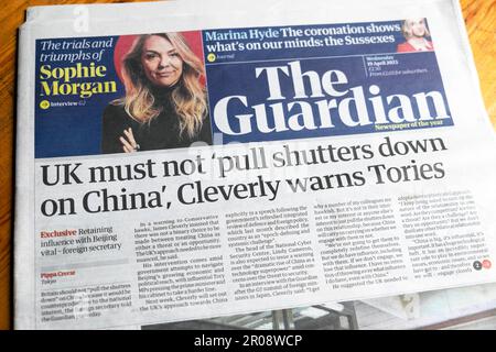 'UK must not 'pull shutters down on China,' Cleverly warns Tories' Guardian newspaper headline James Cleverly  article 19 April 2023 London UK Stock Photo