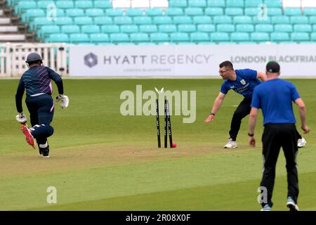 7 May, 2023, London, UK. Jan run out by bowler Matt Harris as Surrey Disability Cricket Scheme 1st XI take on Middlesex Disabled CC in the DB40 Quest National Disabled Cricket League at The Kia Oval Stock Photo