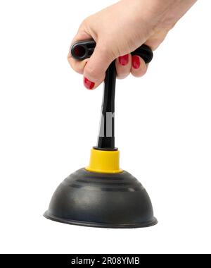 Black rubber plunger in a female hand on a white isolated background Stock Photo