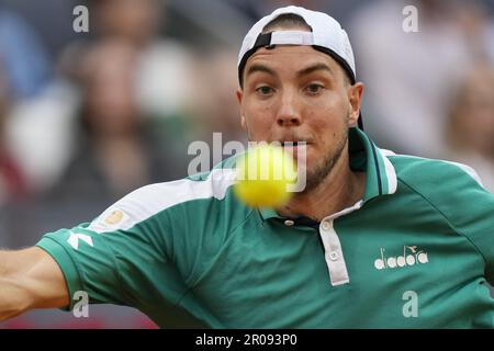 Madrid, Spain. 07th May, 2023. Jan-Lennard Struff of Germany returns a shot to Carlos Alcaraz of Spain during the final of the 2023 Mutua Madrid Open at the Caja Magica stadium, in Madrid, Spain, on Sunday, May 7, 2023. Photo by Paul Hanna/UPI Credit: UPI/Alamy Live News Stock Photo