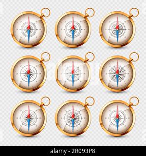 Vintage compass, marine wind rose with cardinal directions of North, East, South, West. Realistic golden navigational compass, shiny metal Stock Vector